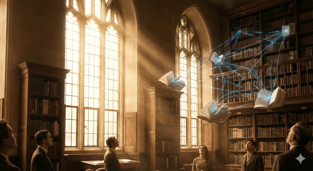 O bibliotecă veche maiestuoasă, în tonuri sepia, cu lumina aurie a soarelui intrând prin ferestre mari arcuite. Cărți antice de pe rafturi se deschid singure, dezvăluind linii albastre strălucitoare de date care țes o pânză de lumină prin încăpere. Format landscape 16:9.