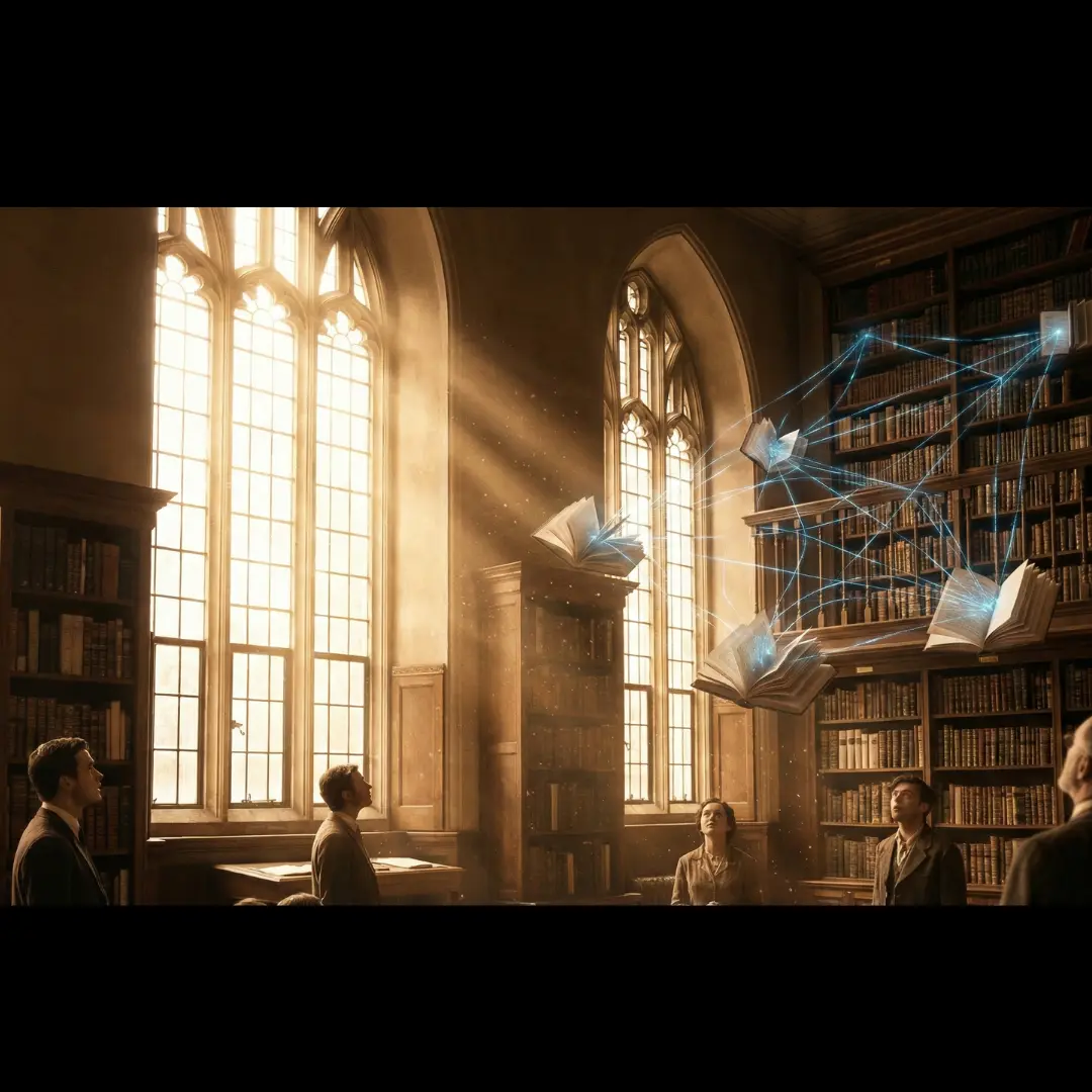 O bibliotecă veche maiestuoasă, în tonuri sepia, cu lumina aurie a soarelui intrând prin ferestre mari arcuite. Cărți antice de pe rafturi se deschid singure, dezvăluind linii albastre strălucitoare de date care țes o pânză de lumină prin încăpere. Format square 1:1