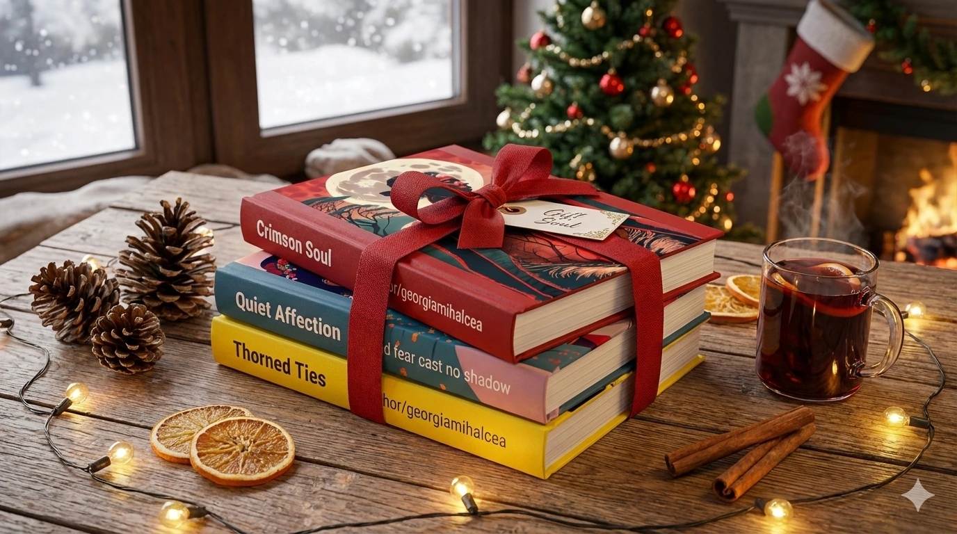 Set de 3 albume de artă (Crimson Soul, Quiet Affection, Thorned Ties) stivuite pe o masă rustică lângă o fereastră cu zăpadă, alături de ceai și brad.