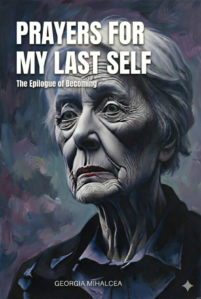 Mockup 3D al copertei cărții de artă 'Prayers for My Last Self', scrisă și ilustrată de Georgia Mihalcea. Coperta prezintă un portret pictural texturat al unei femei vârstnice pe fundal întunecat, cu titlul scris cu litere aurii, sugerând o estetică solemnă și meditativă.