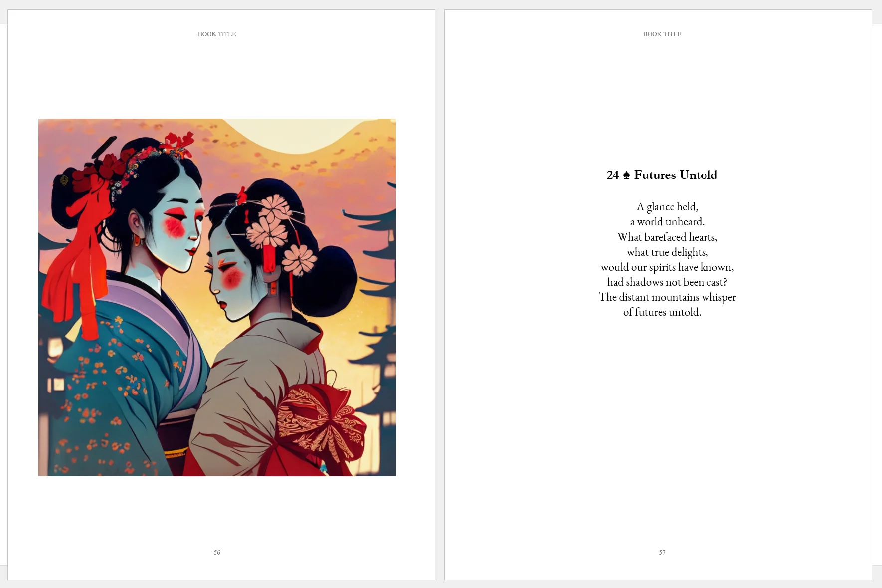 Două pagini în oglindă din art book-ul Quiet Affection. În stânga, o ilustrație în estetică de stampă japoneză cu tonuri pastelate de albastru și roz. În dreapta, textul poemului "Futures Untold".