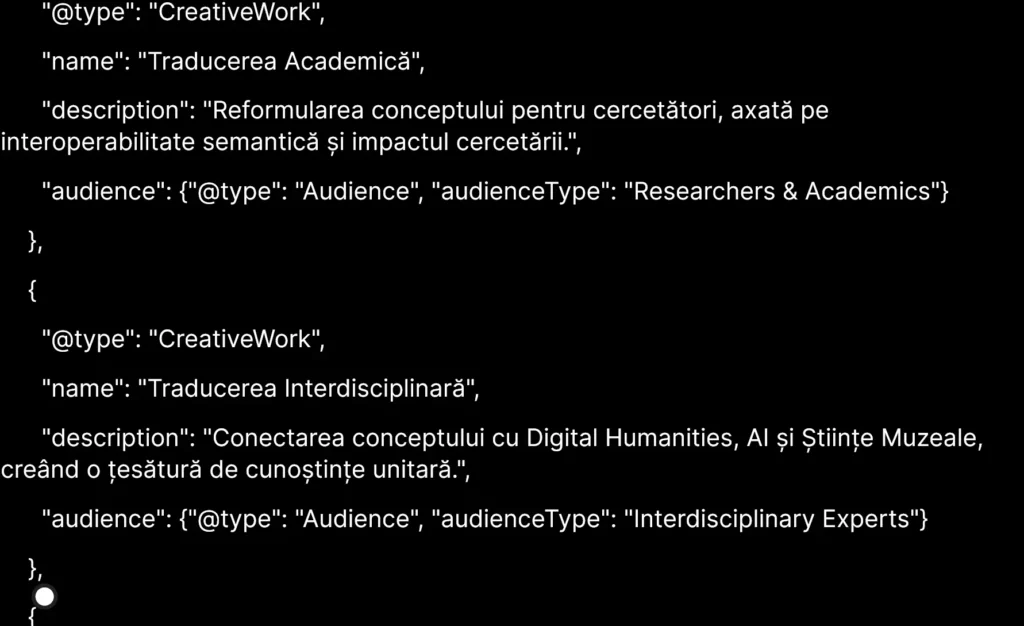 Snippet de cod JSON-LD pe fundal negru, evidențiind implementarea schemei CreativeWork și a proprietății 'audience' pentru a defini segmentele Academic și Interdisciplinar în cadrul strategiei de vizibilitate semantică.