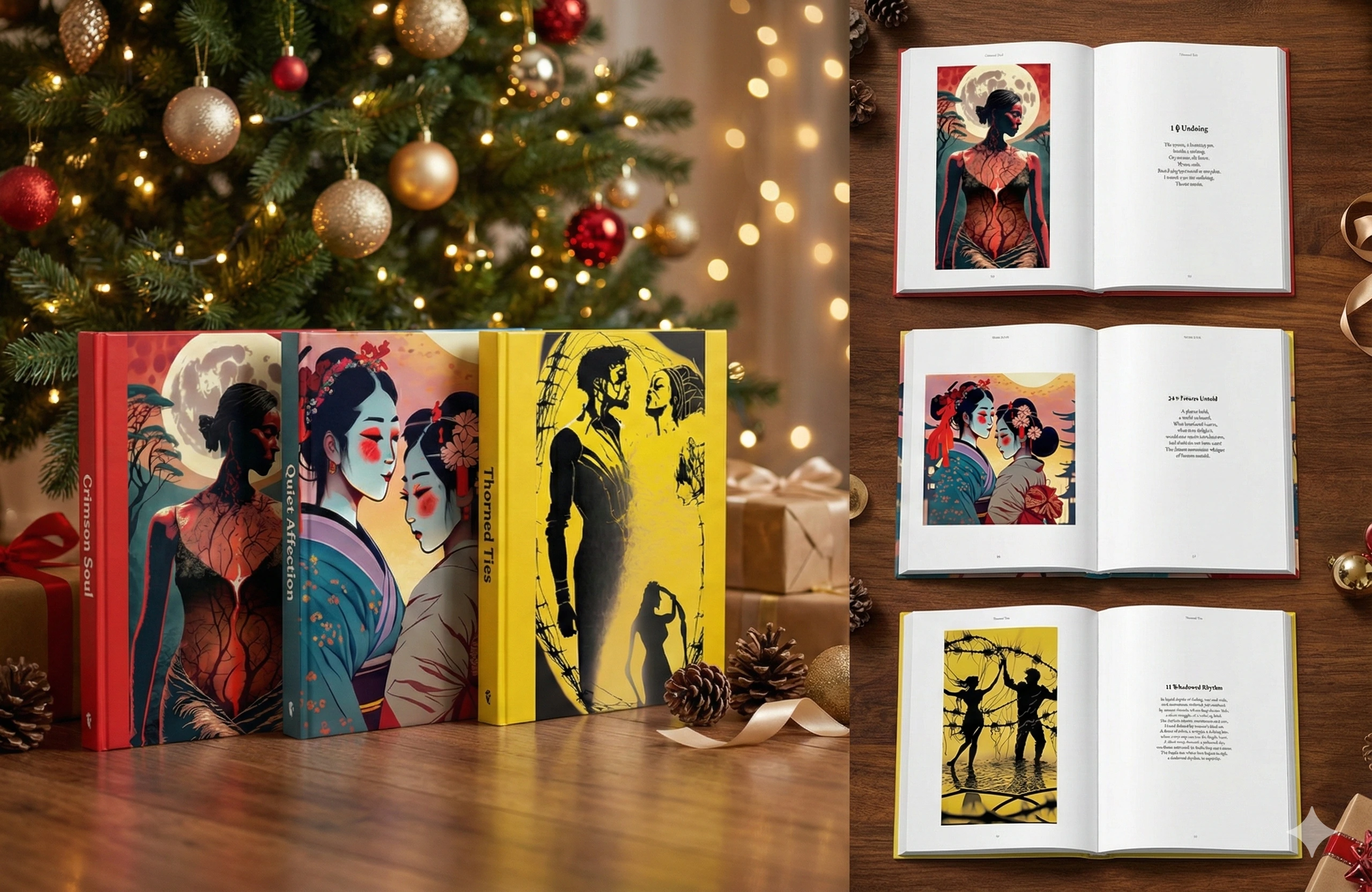 Set complet de 3 cărți de artă "Soul Unfolding" (Crimson Soul, Quiet Affection, Thorned Ties) aranjate festiv sub un brad de Crăciun.