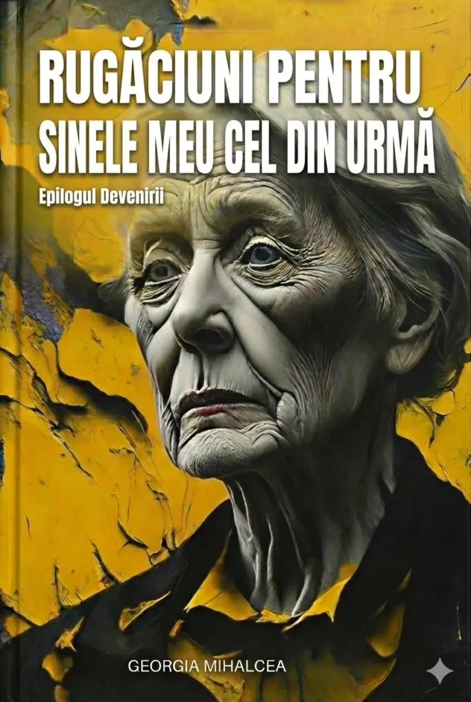 Mockup 3D al copertei cărții de artă 'Rugăciuni pentru sinele meu cel din urmă', creată de Georgia Mihalcea. Design stil pictură impasto cu portretul unei femei vârstnice pe fundal galben ocru, text alb, estetică similară campaniei Eroii din Umbră.