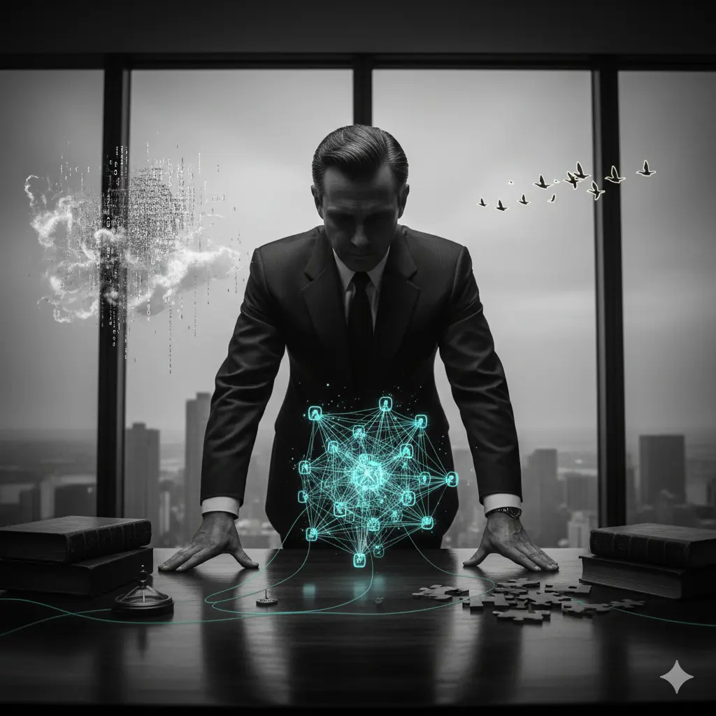 Cadru cinematic low-angle în alb-negru cu o tușă de albastru intens, sugerând structuri informaționale complexe și "acupunctura emoțională