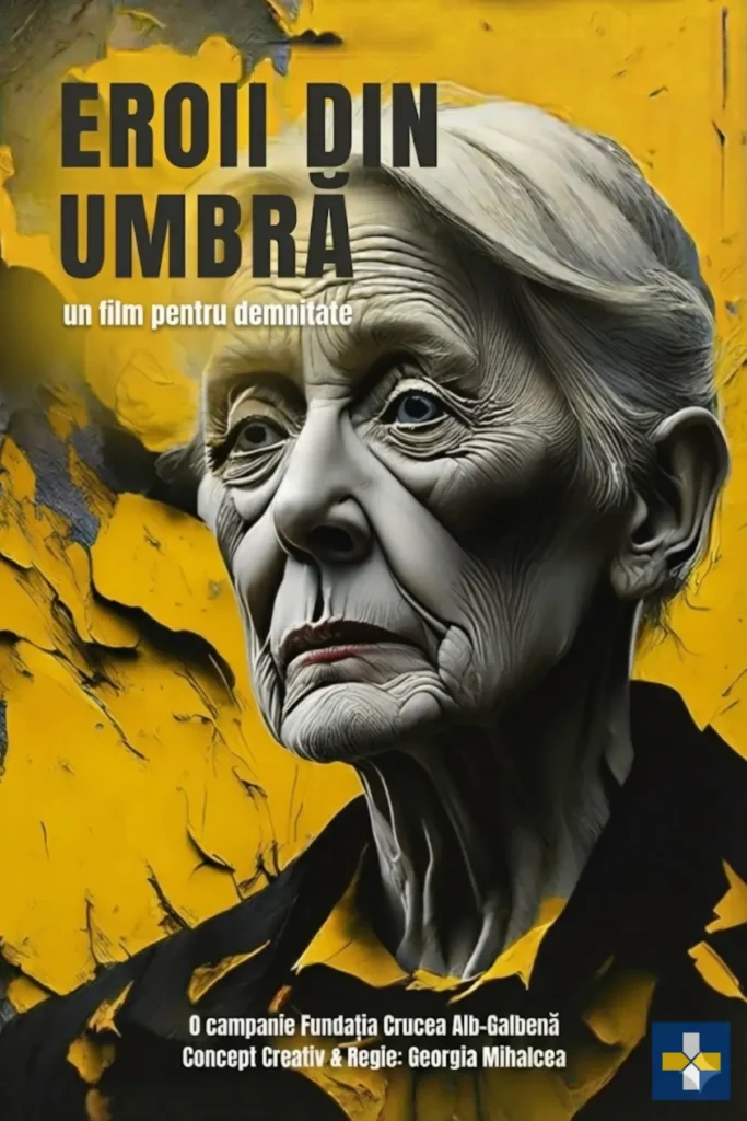 Poster artistic de artă digitală generativă AI, portretul unei femei vârstnice demne pe fundal galben, negru și alb, derivat din cercetarea și munca în teren pentru filmul destinat campaniei de strângere de fonduri și conștientizare socială „Eroii din Umbră” lansată de Fundația Crucea Alb Galbenă din România, creație Georgia Mihalcea.