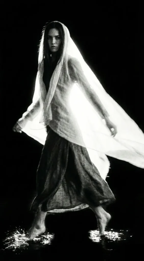 Fotografie artistică alb-negru, dramatică și eterică realizata cu AI, înfățișând o femeie mergând desculță pe o suprafață reflectantă, învăluită într-un material alb transparent și fluid care captează lumina pe un fundal complet negru, marcând intrarea în galeria de proiecte de film si creatie AI de Georgia Mihalcea