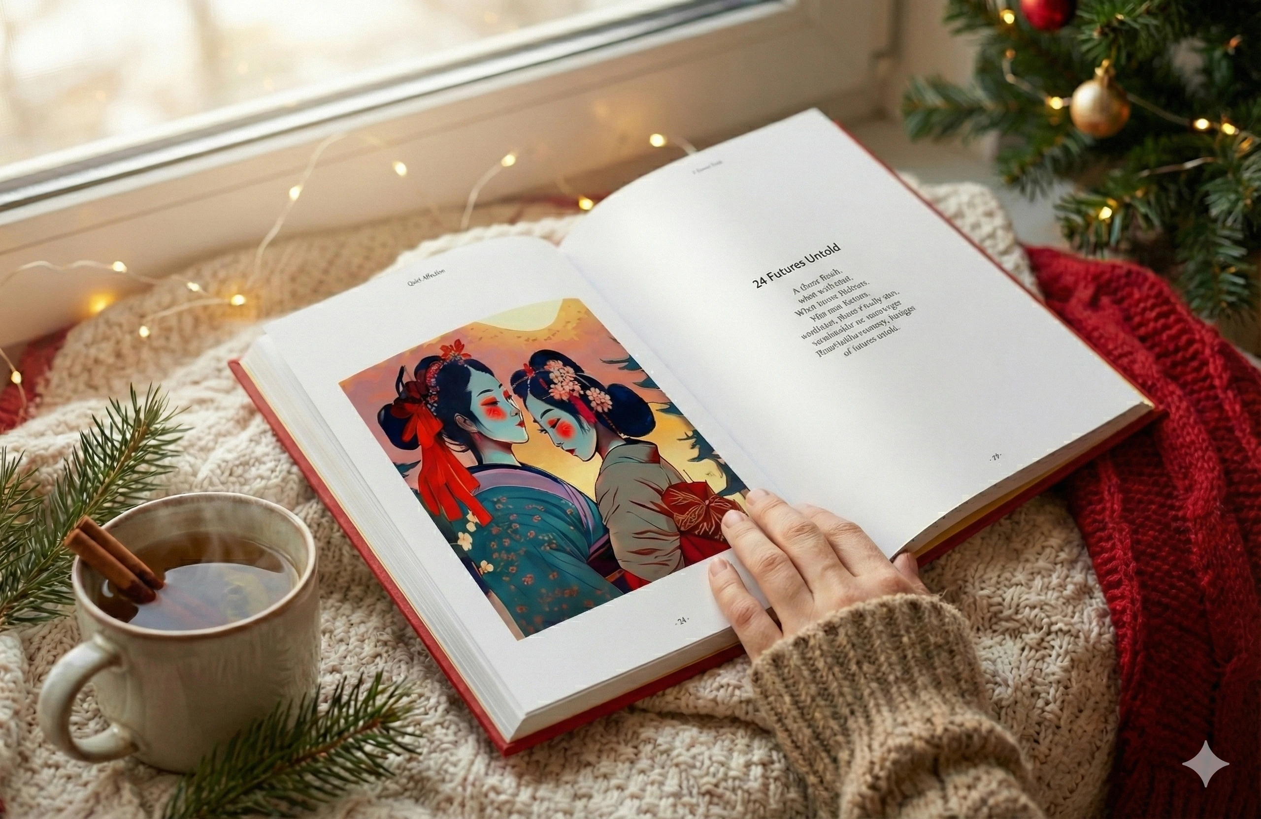 Mâini răsfoind albumul Quiet Affection într-un cadru confortabil de iarnă. Cartea este deschisă la un eseu vizual cu estetică zen, culori blânde și text alăturat imaginii.