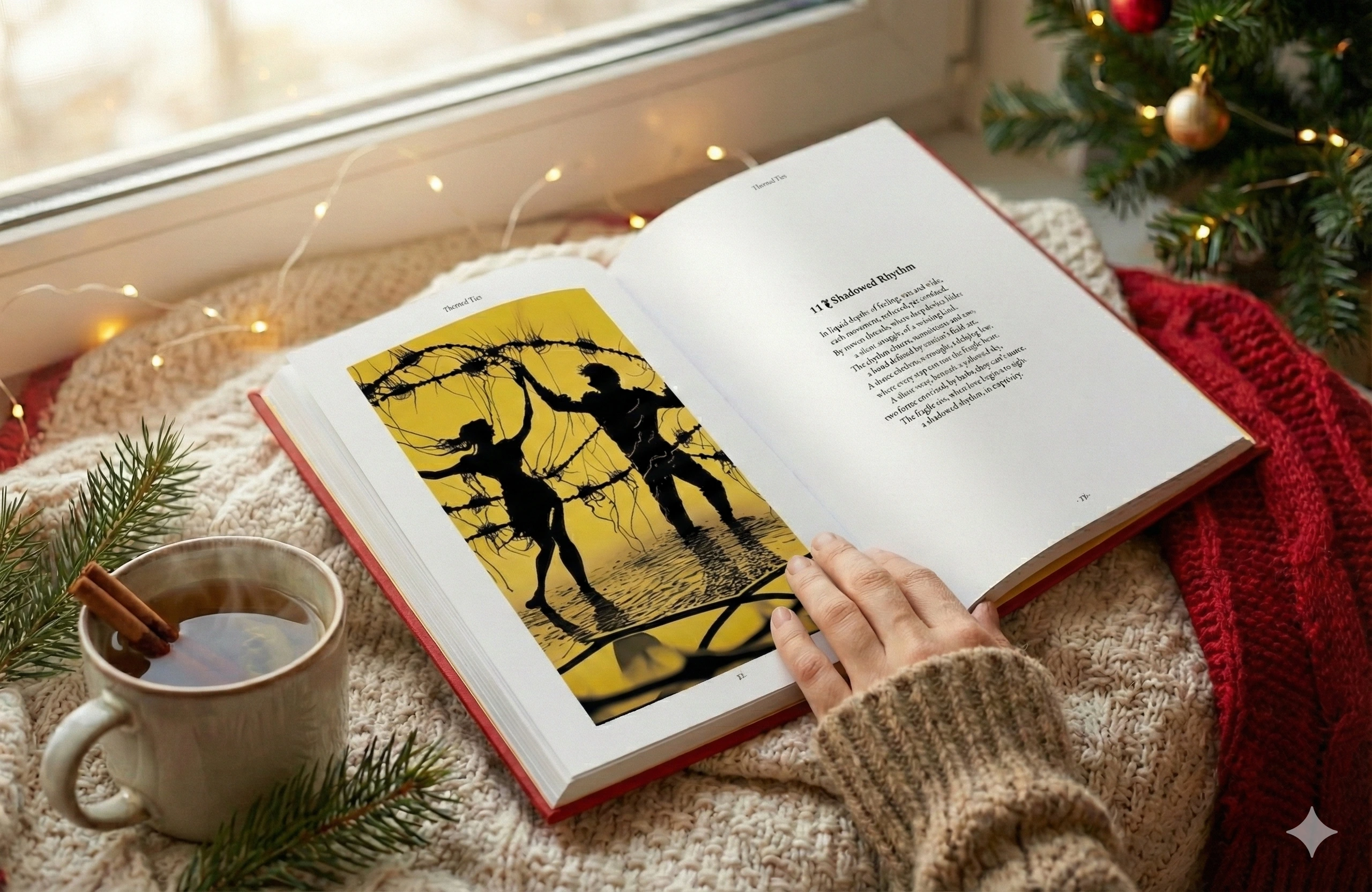 O persoană ținând deschis albumul Thorned Ties într-un decor festiv, lângă brad și o cană de ceai. Pagina deschisă dezvăluie un eseu vizual în stil Dark Academia, cu galben și negru.