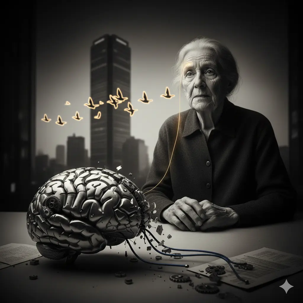 Imagine cinematică alb-negru cu o figură umană contemplativă și o tușă de galben electric, simbolizând conexiunea dintre mintea umană și AI.