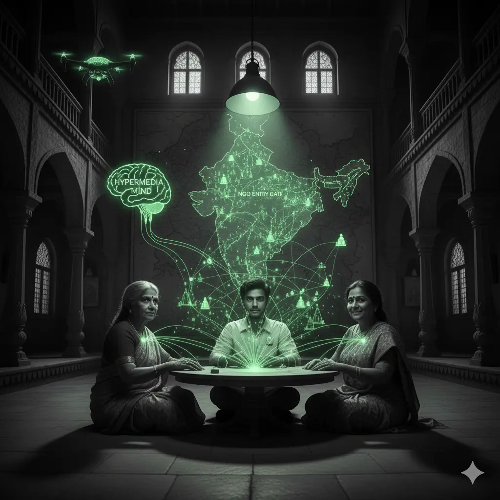 Imagine cinematică alb-negru cu o poartă simbolică deschisă spre o rețea de noduri interconectate, evidențiată printr-o tușă de verde smarald, reprezentând sectorul non-guvernamental ca acces în piață.