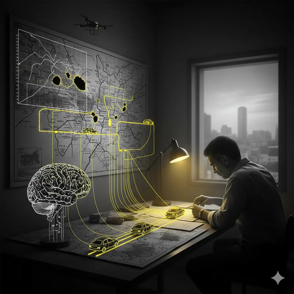 Imagine cinematică alb-negru înfățișând o rețea de conexiuni urbane iluminate cu o tușă de galben intens, simbolizând activarea resurselor latente.