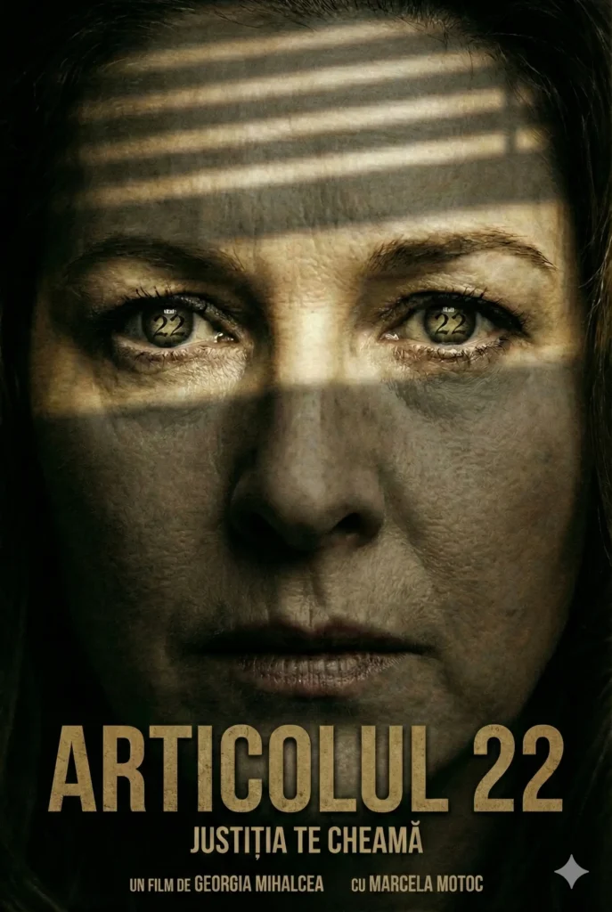 Prim-plan dramatic cu fața judecătoarei (actrița Marcela Motoc) luminată parțial de raze trecute prin jaluzele, având numărul 22 reflectat subtil în irisul ochilor.