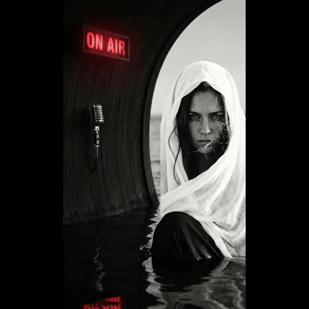 O femeie cu privire intensă, purtând o naframa alba care îi înfășoară capul, emerge din apă întunecată la gura unui tunel circular de beton. În partea stângă a cadrului, montat pe peretele tunelului, se află un microfon vintage argintiu și un semn luminos roșu aprins cu textul "ON AIR". Imaginea este alb-negru, cu excepția luminii roșii, și are un contrast cinematic ridicat, servind ca artă de copertă pentru videoclipul AI 'Sombras en la piel'.