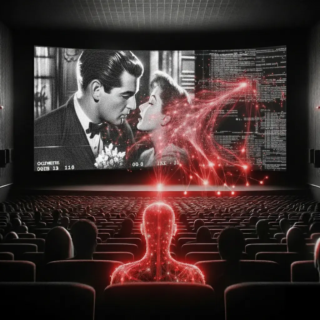 Sală de cinema unde spectatori umani și algoritmi sau inteligențe artificiale sunt conectați la o rețea neuronală roșie, privind un film clasic echipat cu date și arhitecturi semantice, ilustrând conectarea producției de film și media audiovizuală la rețeaua digitală. Un nou model de producție media și film.
