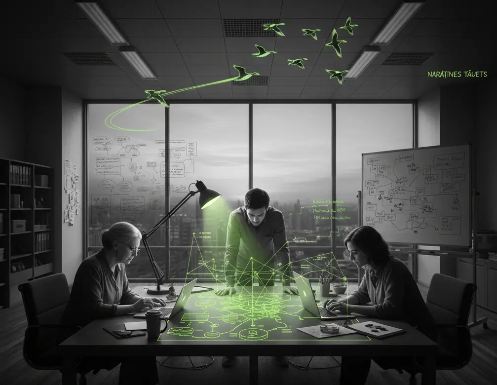 Imagine cinematică alb-negru reprezentând "Rațele Sălbatice" ale inovării, cu o tușă de roșu/magenta ce simbolizează curajul și frica motivațională.