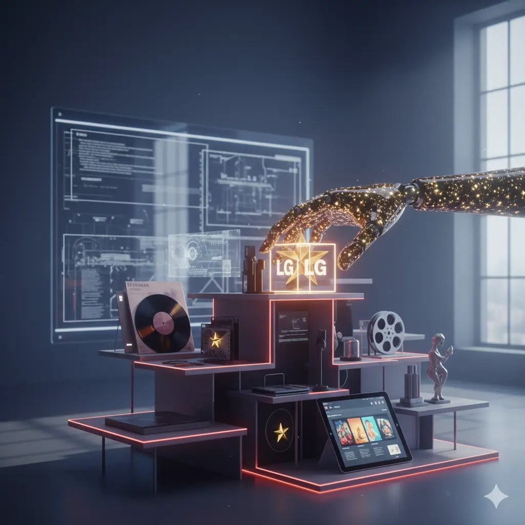 Compoziție digitală futuristă: un braț robotic selectează un cub iluminat cu sigla LG dintr-o galerie de obiecte culturale (discuri vinil, role film), simbolizând transformarea brandului din producător hardware în curator de experiențe.