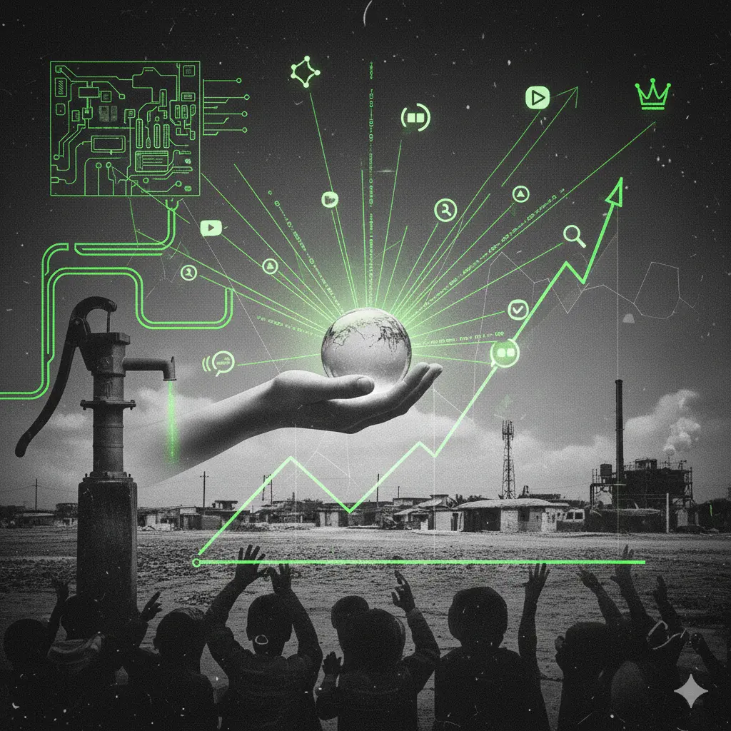 Compoziție conceptuală alb-negru cu accente verzi: o pompă de apă rurale și elemente de rețea digitală, simbolizând translatarea strategiei ITT Watermark în lecții de vizibilitate digitală.