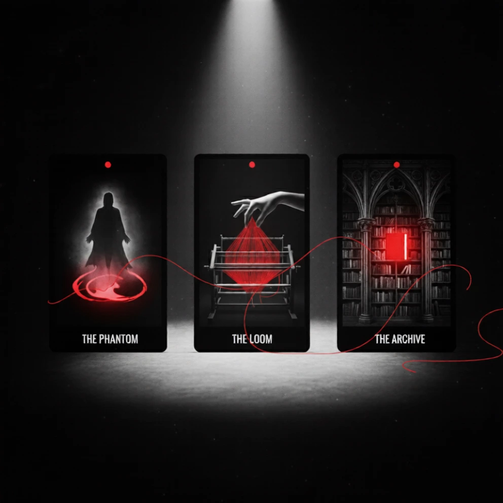 Trei carti de tarot tehnologic numite The Phantom, The Loom si The Archive conectate printr-un fir rosu, ilustrand un laborator de inovare media si inteligenta artificiala prin lentila hipermedia