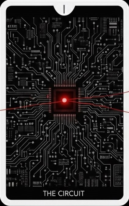 Imagine stil tarot cu o placă de circuite și un nucleu roșu aprins, simbolizând antrenarea AI și conexiunile umane, cu textul „The Circuit”.